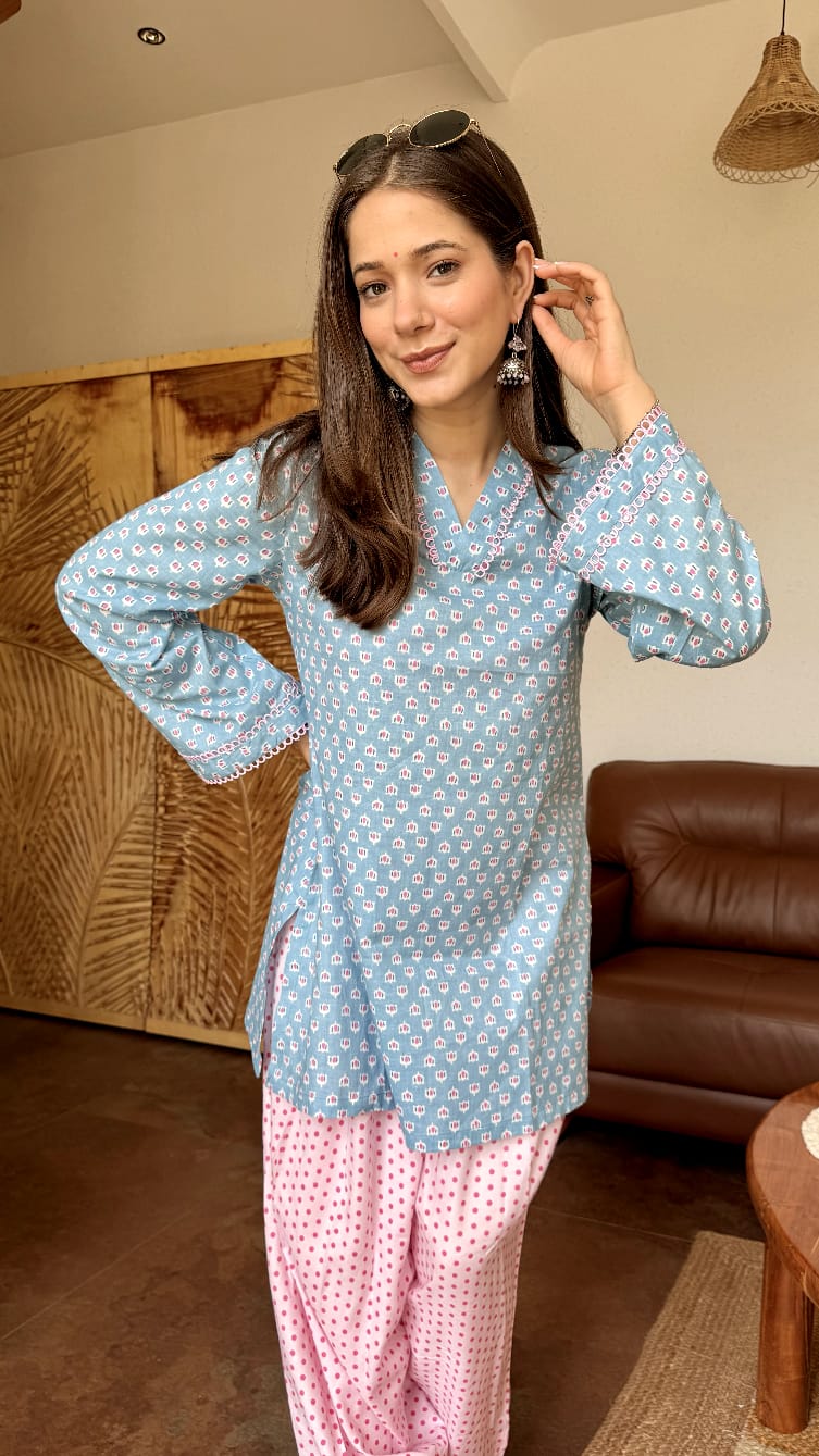 Blue Printed Cotton Kurta Set for Women | Summer Ethnic Wear | Daily Comfort Co‑Ord