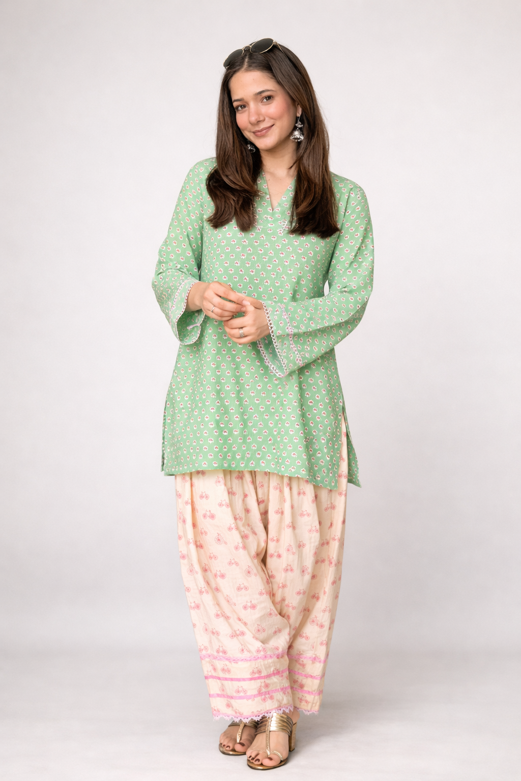 Mint Bloom Cotton Kurta Set with Lace Trim