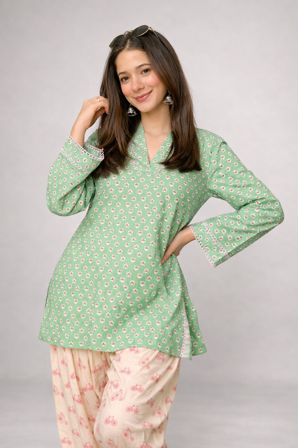 Mint Bloom Cotton Kurta Set with Lace Trim