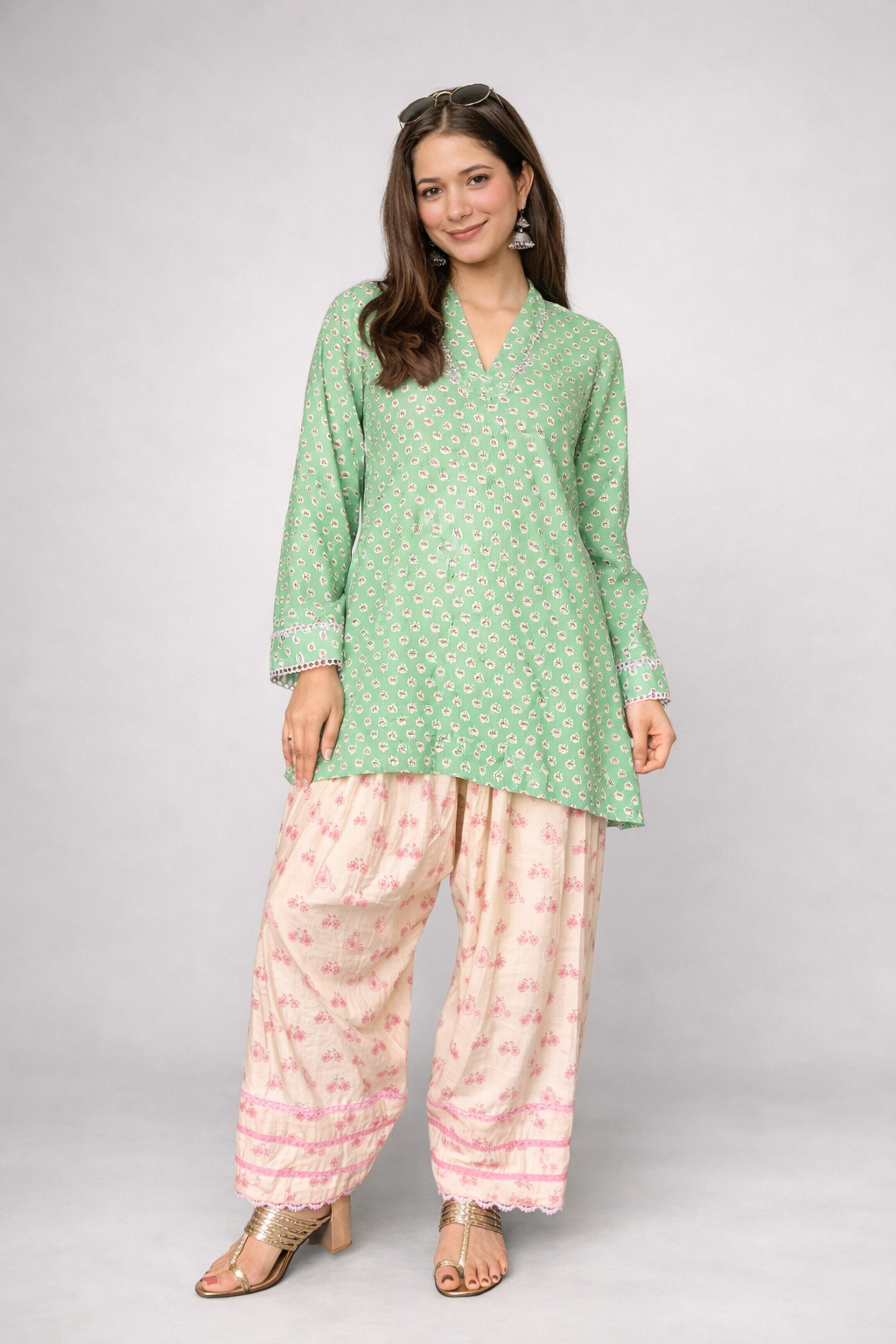 Mint Bloom Cotton Kurta Set with Lace Trim