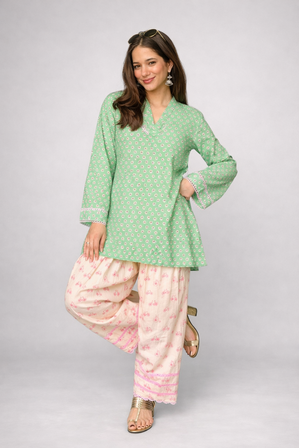 Mint Bloom Cotton Kurta Set with Lace Trim
