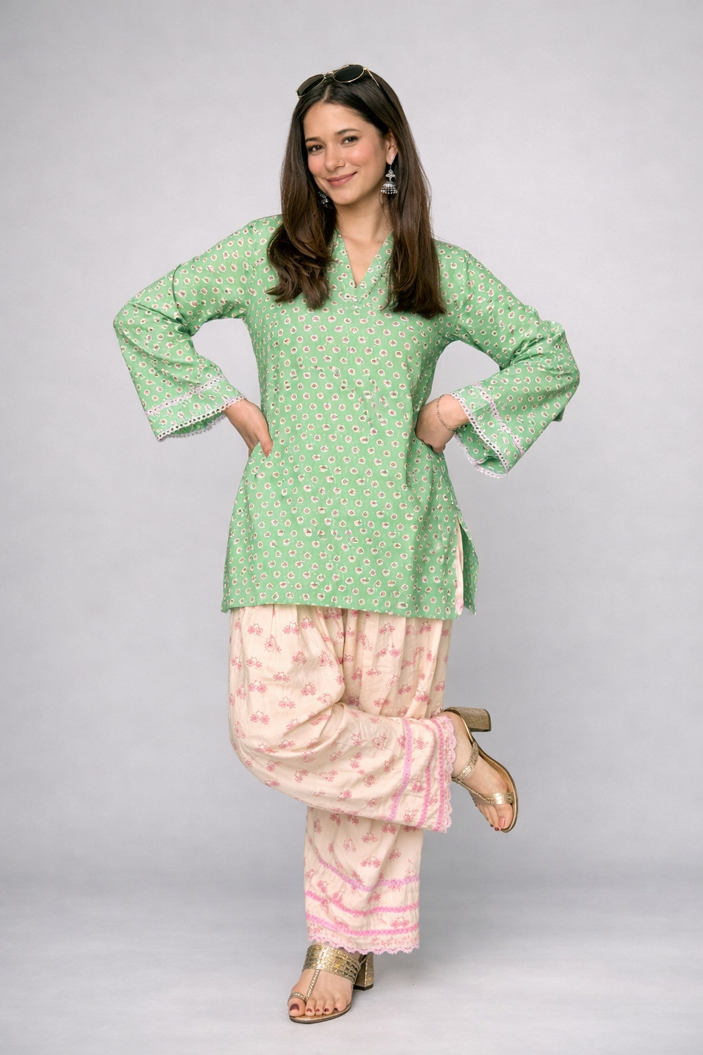 Mint Bloom Cotton Kurta Set with Lace Trim