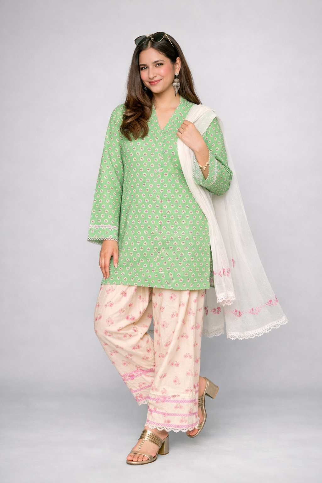 Mint Bloom Cotton Kurta Set with Lace Trim