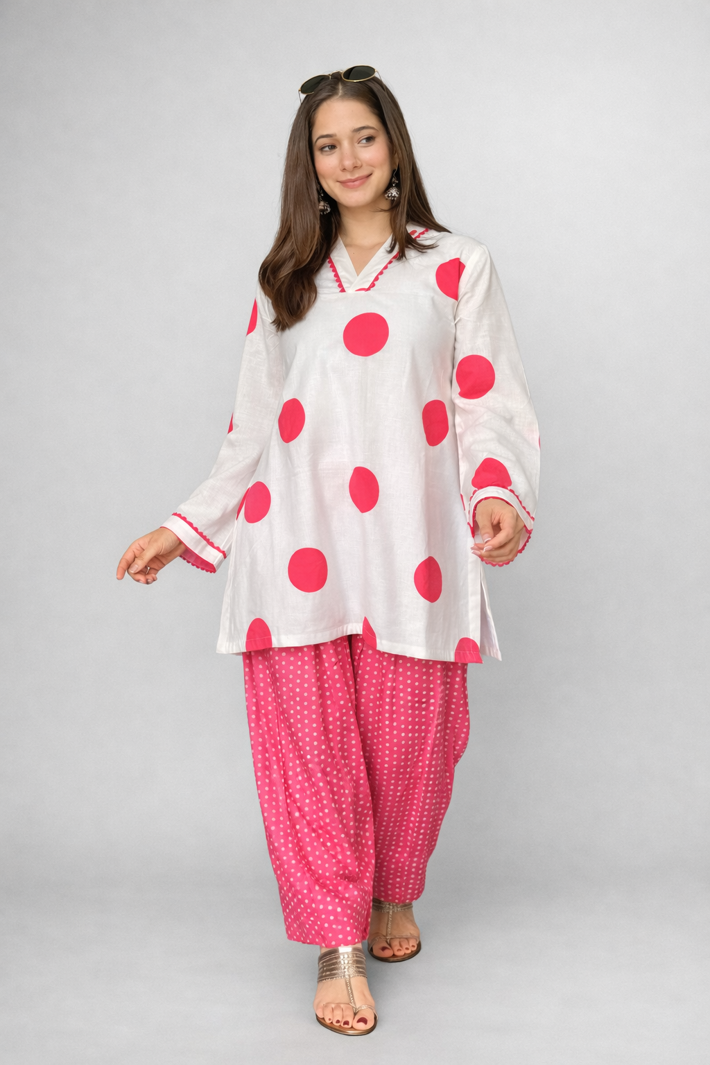 Women's White Pink Polka Dot Kurta Set | Flared Tunic with Printed Pants