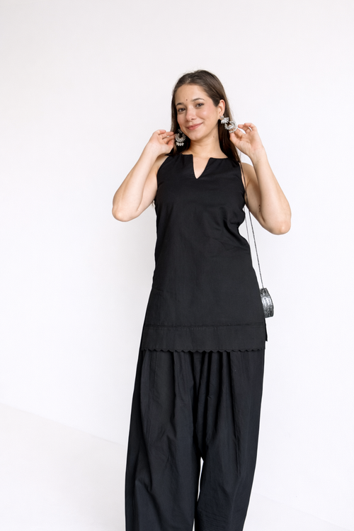 Black Minimalist Sleeveless Kurta & Straight Pants Set | Women's Ethnic Wear