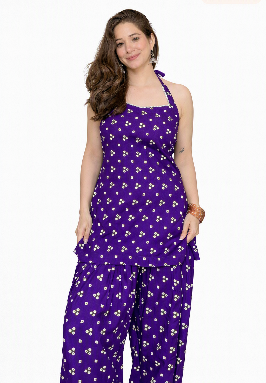 Bandhej Purple Halter Neck Farshi Set | Women's Festive Ethnic Wear