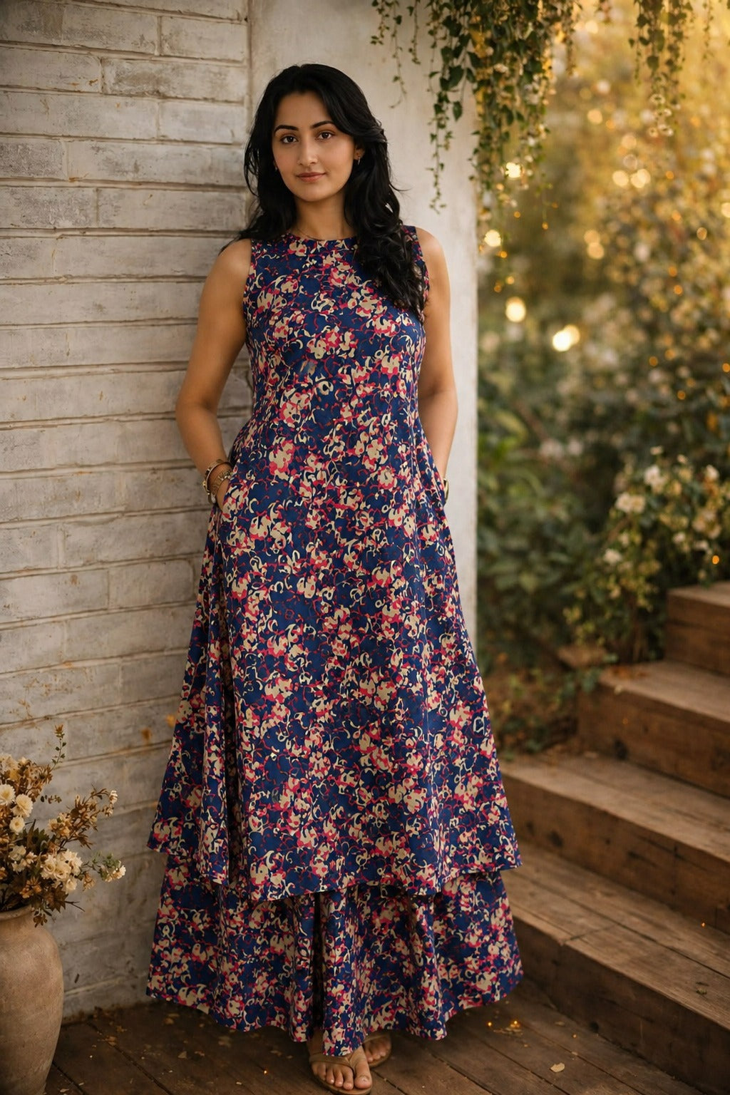 Indigo Bloom Hand-Block Floral Sleeveless Kurta & Palazzo Set