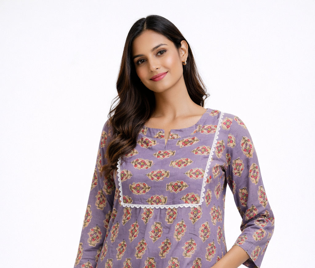 Mauve Floral Print Cotton Kurti