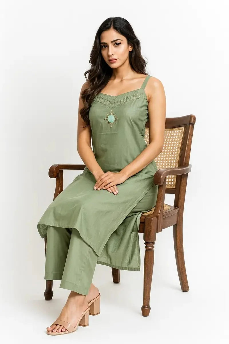 Olive Green Minimalist Sleeveless Kurta Set