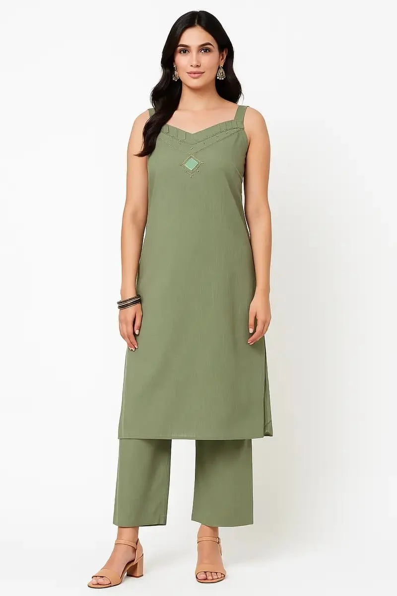 Olive Green Minimalist Sleeveless Kurta Set