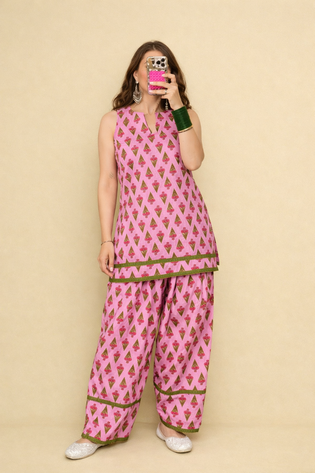 Cotton Pink Kurti with Olive Green Farshi Set