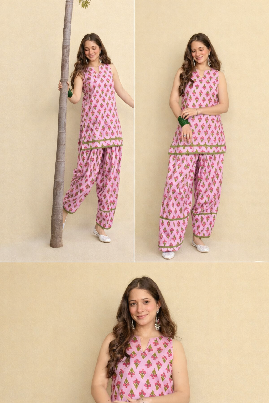 Cotton Pink Kurti with Olive Green Farshi Set