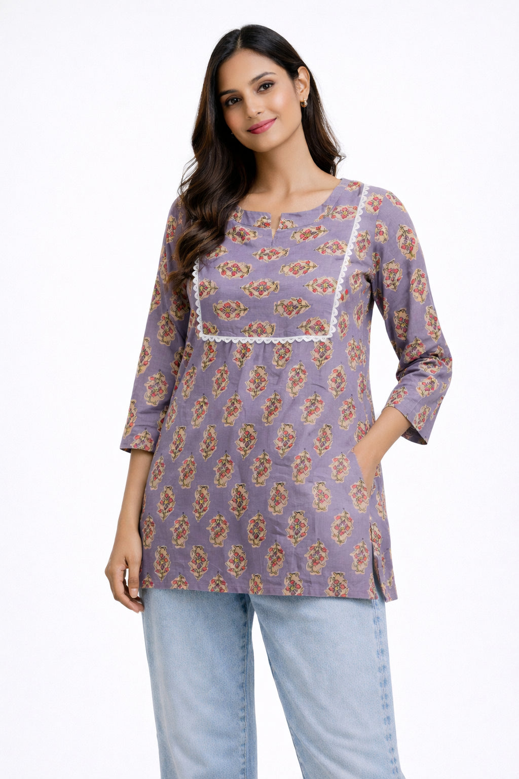 Mauve Floral Print Cotton Kurti