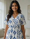 Women's White & Purple Floral Printed A-Line Midi Dress with V-Neck